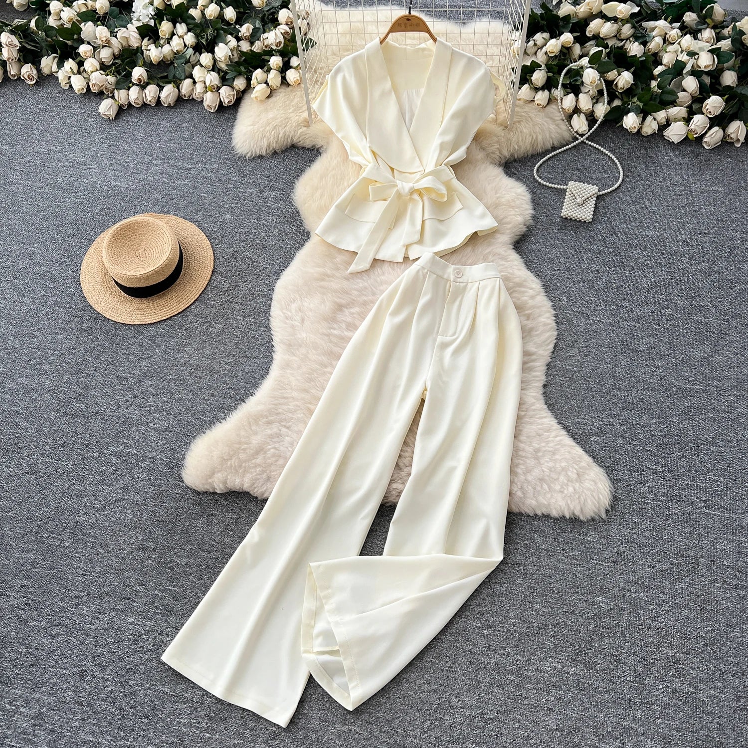 Summer Casual 2 Piece Set for Women Bandage Top And High Waist Set Clothing Wholesale