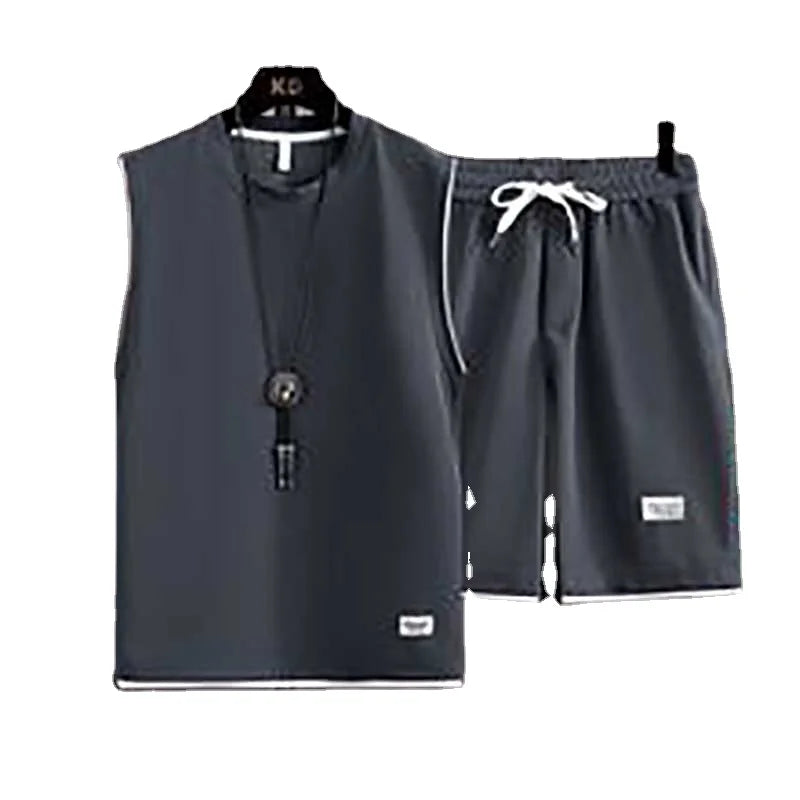 Oem Custom logo Design Summer Men's Loose Short-sleeved Waffle Casual Vest Short-sleeved Two-piece Two-piece Sports Shorts Suit