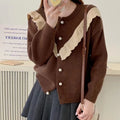 Elegant Knitted Pullover Top New Crew Neck Long Sleeves Sweater Cardigan Wooden Ear Edge Splicing Design Bead Button for Winter