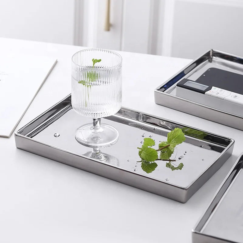 Light Luxury Silver Plated Ceramic Rectangle Nordic Multifunctional Durable Polished Finish Jewelry Storage Tray for Hotel