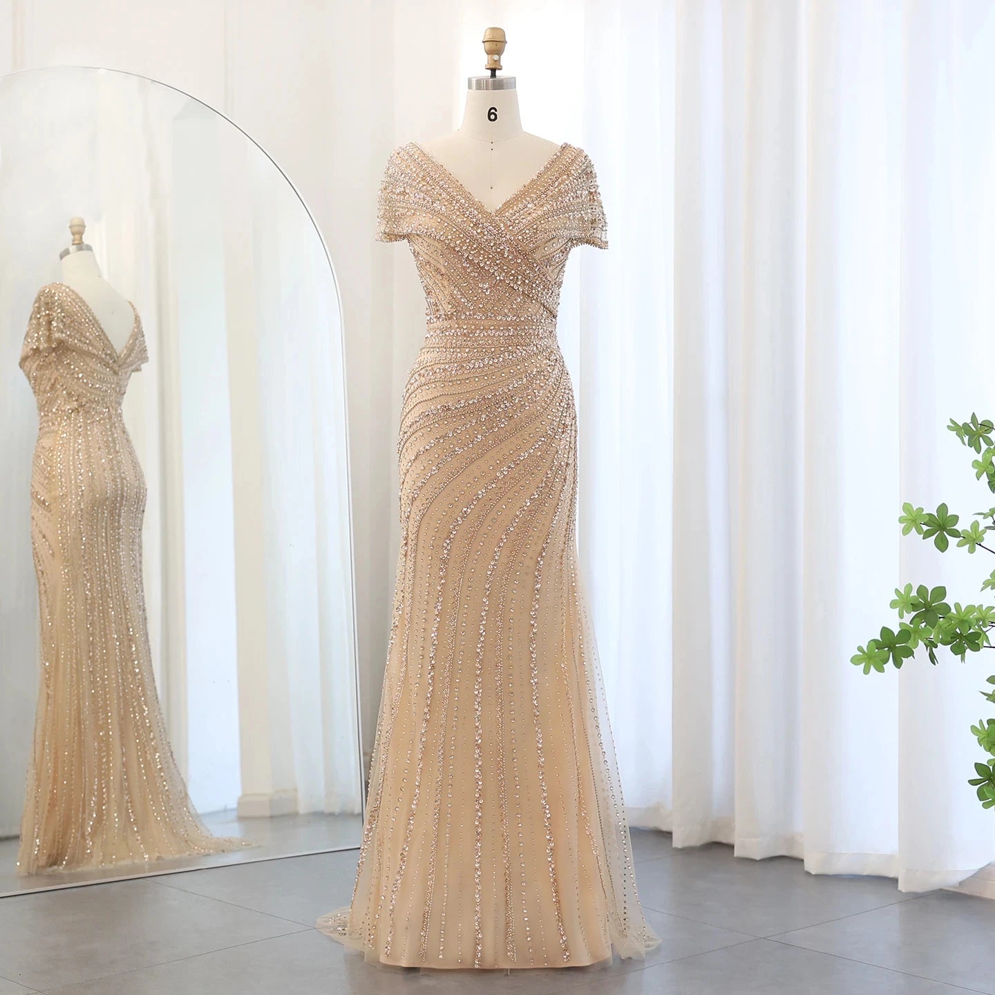Jancember SZ045 Fairy Rose Golden Crystal Mermaid Evening Party Women's Dresses