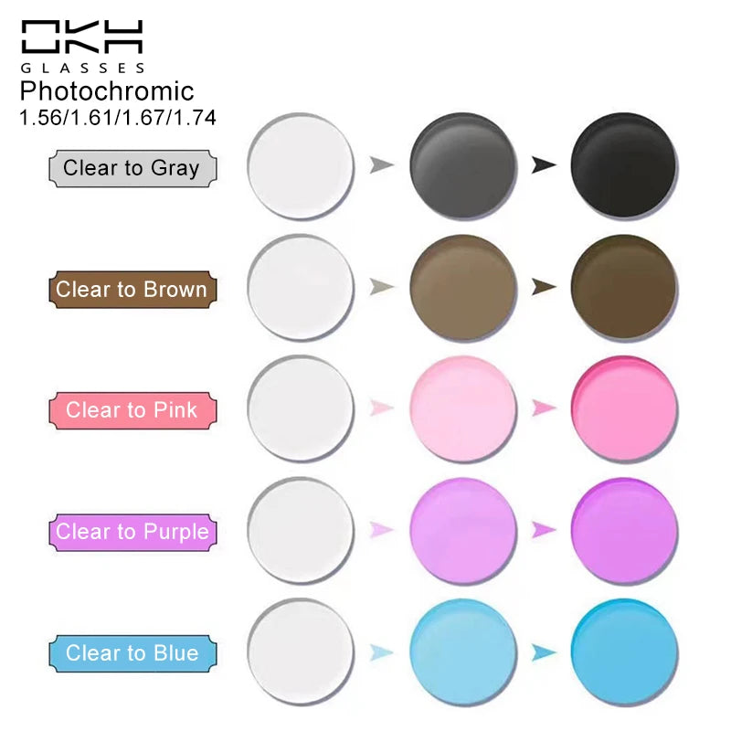 OKH Photochromic Gray Brown Pink Purple Blue Series 1.56 1.61 1.67 1.74 Prescription Glasses Anti Blue Light Myopia Hyperopia Le
