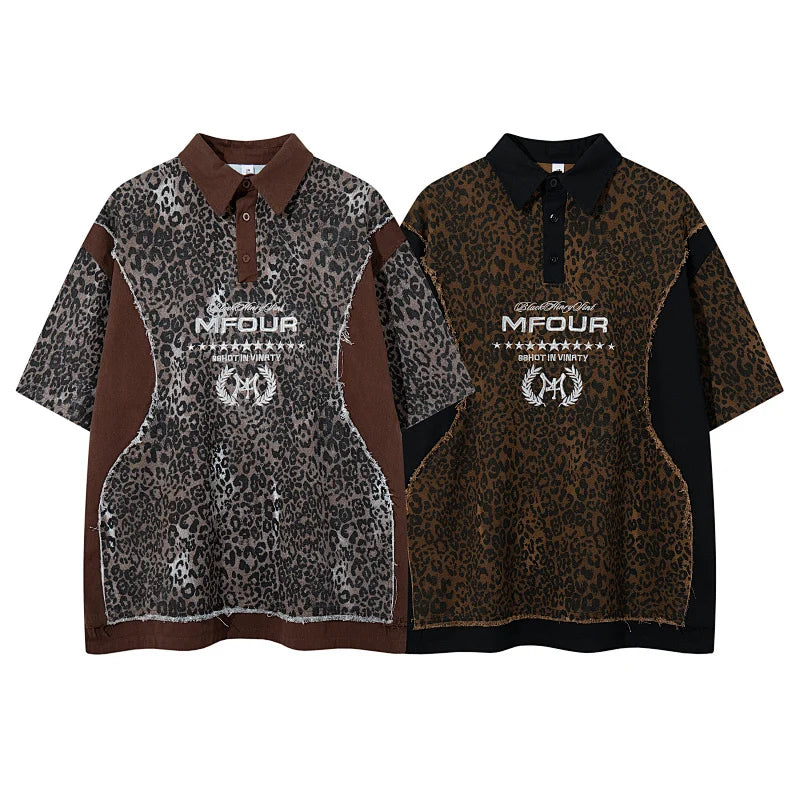 2026 Men Streetwear Oversized Polo Shirt Vintage Leopard Print Patchwork Raw Edge Short Sleeve Hip Hop Custom T Shirts MegaBDM