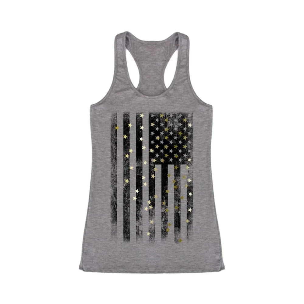 Heather Grey Sustainable Women's Tank Top Printed Jersey Crew Neck Short Length Casual Style with Embroidery Sequins Appliques