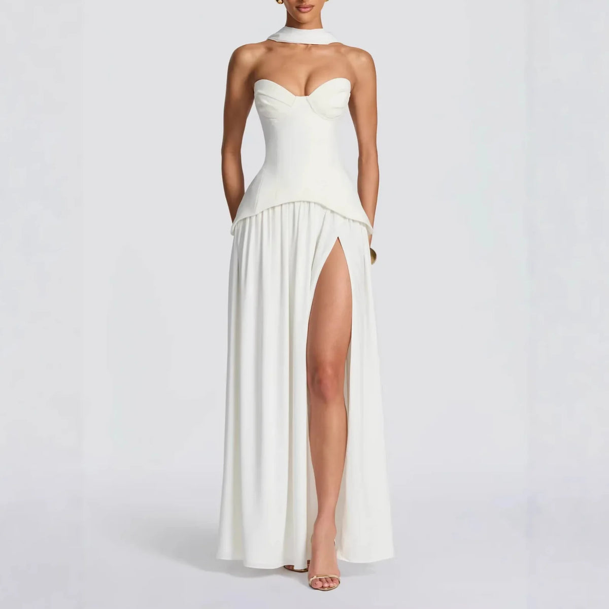 Elegant White Strapless Evening Dress Women High Slit Scarf Neck Maxi Prom Party Gown Custom MegaBDM