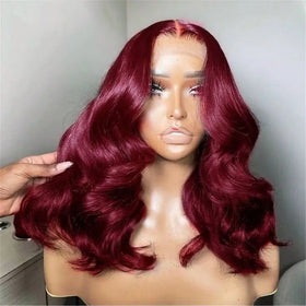Red Burgundy Pre-Plucked Red Virgin Body Wave Brazilian Hair Wig Transparent Lace Front 13x4 HD for Long Wig Ocean Wave