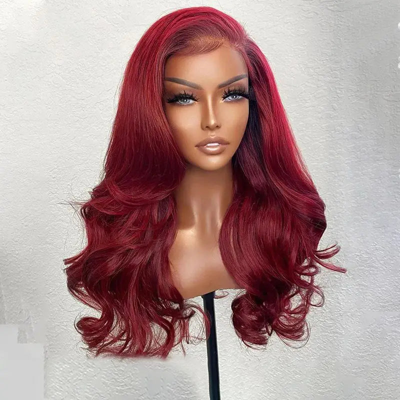 Pre-Plucked Transparent Lace Front Burgundy Red Virgin Body Wave Brazilian Hair Wig 13x4 HD for Long Small MegaBDM