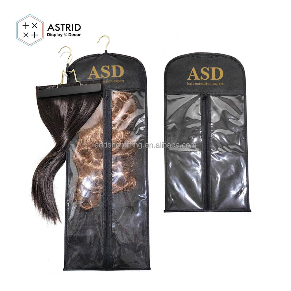 Astrid 29x80cm Non Woven Reusable Custom Logo Black Comfortable Hair Extension Hanger & Wig Bag for Salon Use