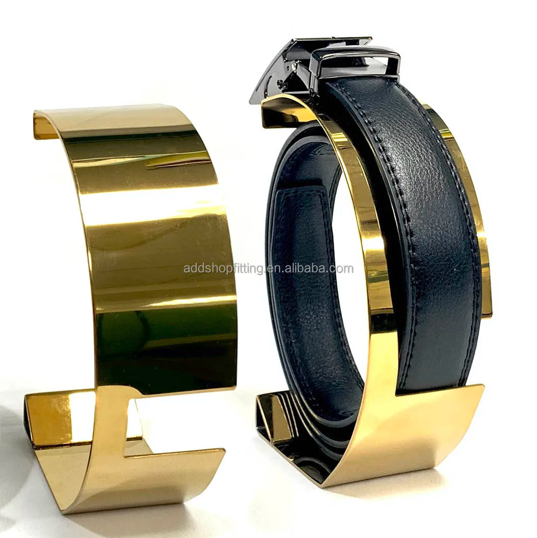Luxury Gold Stainless Steel for Pre-Assembled Tabletop Belt Display Rack with Wheel for Retail Stores