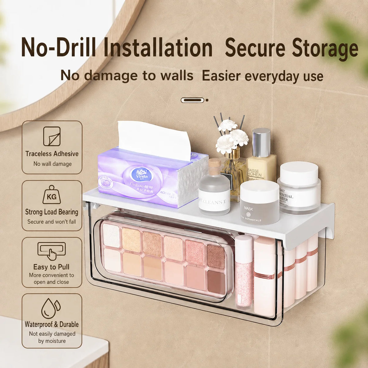 Minimalist Wall Hung Drawer Organizer Pull Down Dust Proof Clear Box for Bathroom Lotion Lipstick