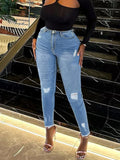 High Waist Slim Ripped Jeans Stretch Denim Pants in Standard Sizes S-XXL Solid Color Skinny Casual Style Sexy Washable for Mom
