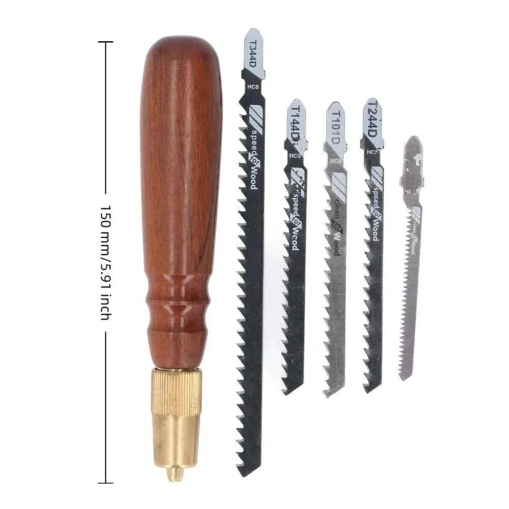 Round Wooden Handle Detachable Woodworking Jig Saw With Brass Collet Chuck and 5 Pcs Fine Coarse Teeth Jigsaw Blades MegaBDM