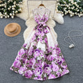 2025 Summer Elegant V-Neck Tunic Bandage Casual Midi Dress For Women Sleeveless Empire Printed Lace Dress