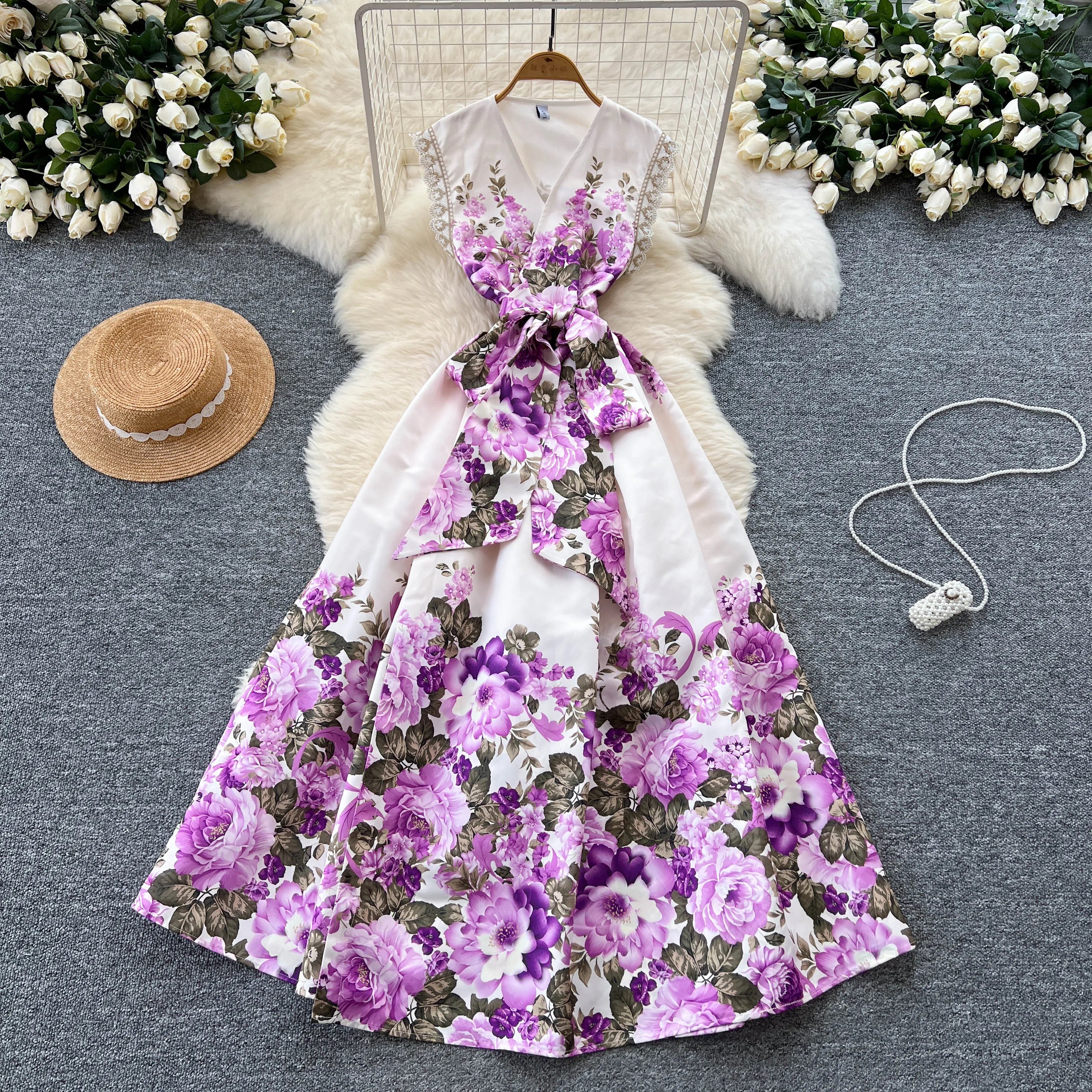 2025 Summer Elegant V-Neck Tunic Bandage Casual Midi Dress For Women Sleeveless Empire Printed Lace Dress