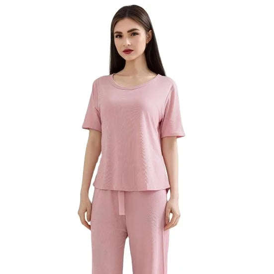Women's Elegant Casual Premium 100% Cotton Single Jersey Biowashed Pyjama Set Front Logo Vintage Fashion Summer Autumn Spring