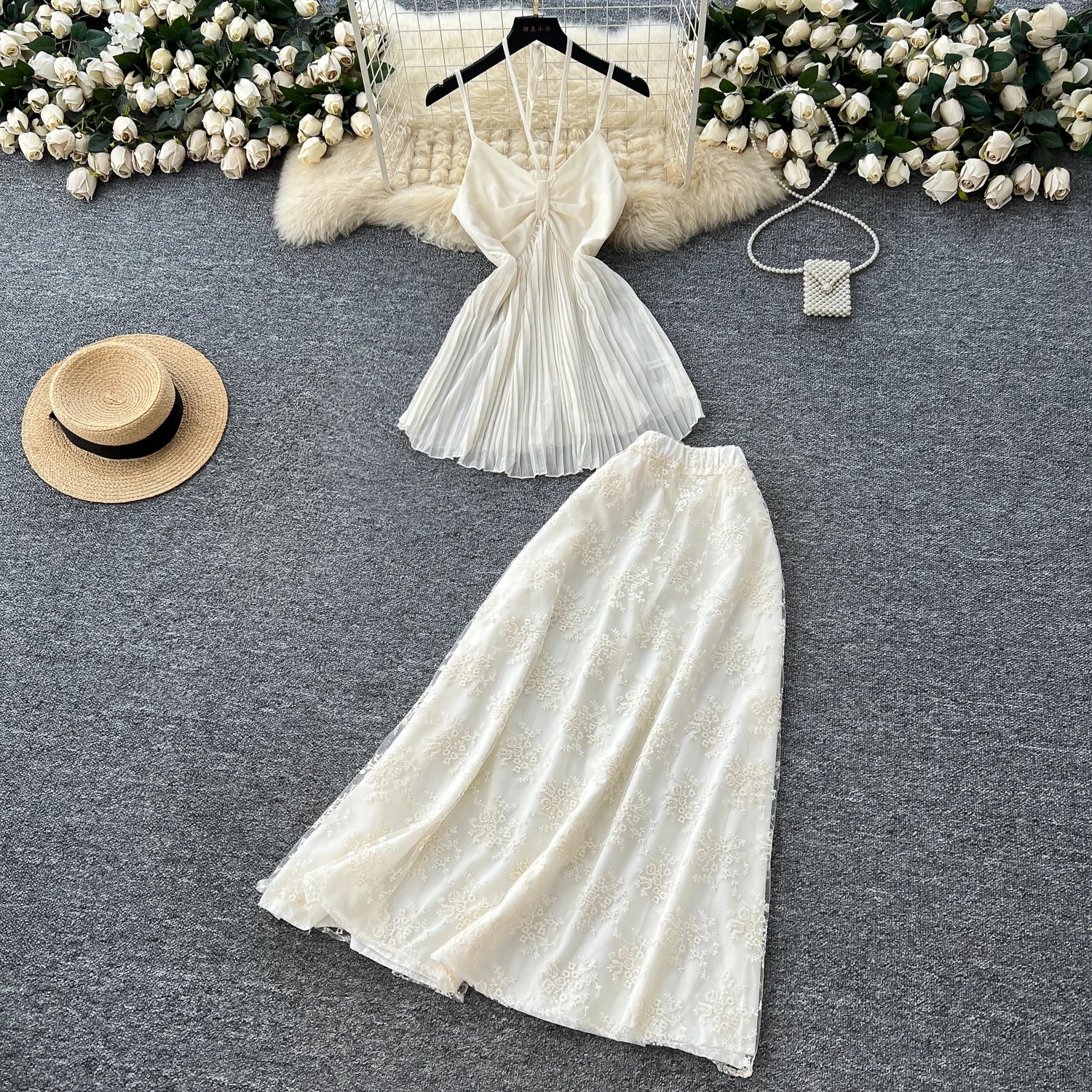 Summer Women's Roman Sets Halter Tunic Top And High Waist Mesh Skirts Set Clothing Wholesale