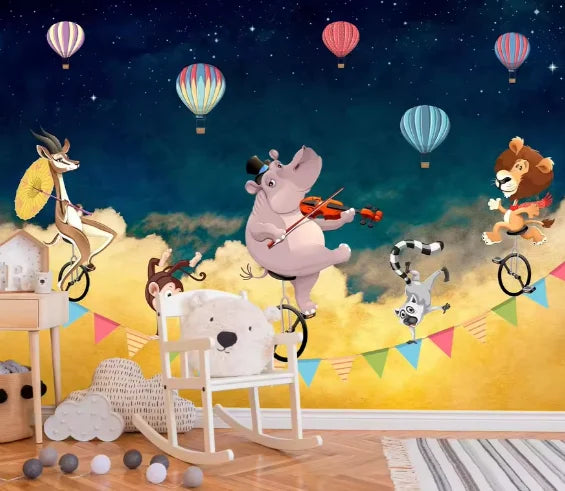 Cartoon Animal Cloud Wallpaper Hot Air Balloon Elephant Monkey Giraffe Lion Nursery Wallpaper for Bedroom Living Room