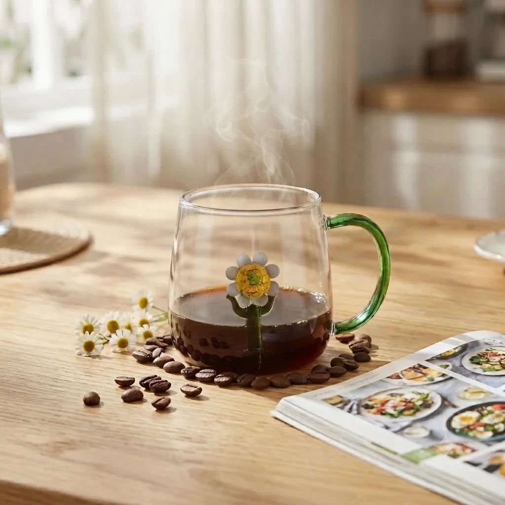 Bulk Heat Resistant Borosilicate Glass Sunflower Coffee Mug Microwave Dishwasher Safe Eco-Friendly for Cafes Tea Shops Beverage MegaBDM