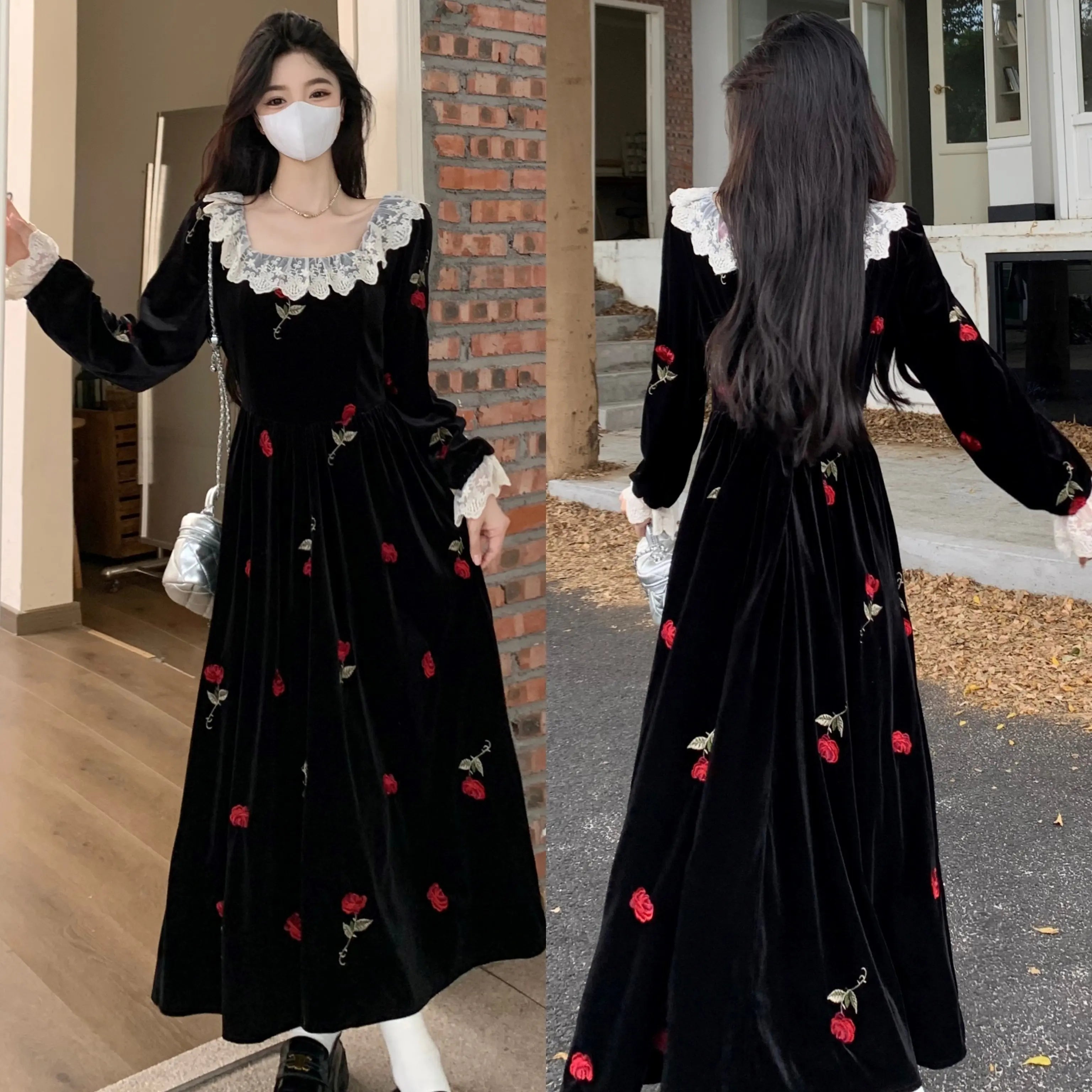 Plus Size Fairycore Square Collar Casual Midi Dress for Women Embroidery Lace Dress