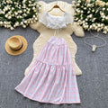2025 Summer Women's Fairycore Sets Puff Sleeve Top And High Waist Plaid Hand-Painted Skirts Set Clothing Wholesale