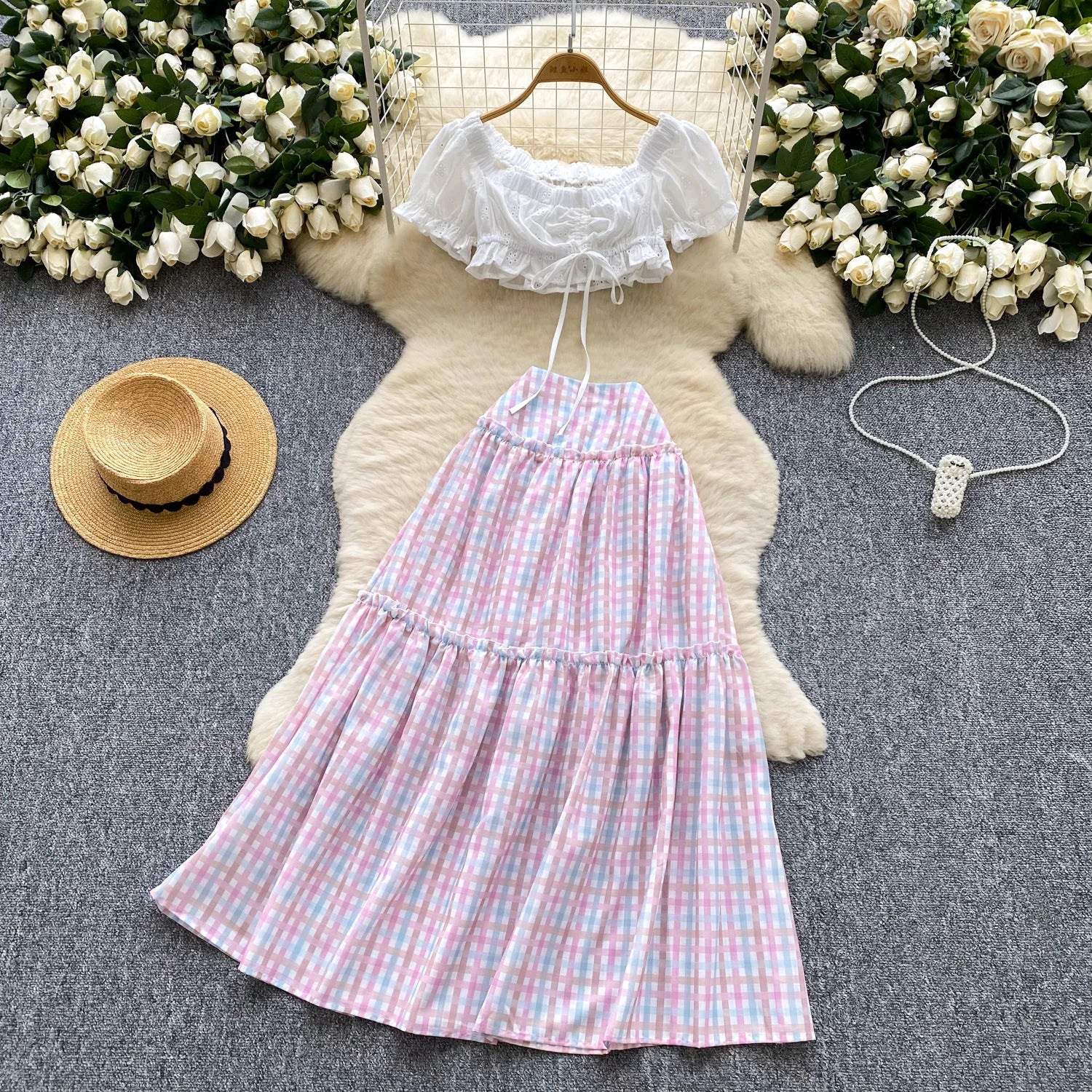 2025 Summer Women's Fairycore Sets Puff Sleeve Top And High Waist Plaid Hand-Painted Skirts Set Clothing Wholesale