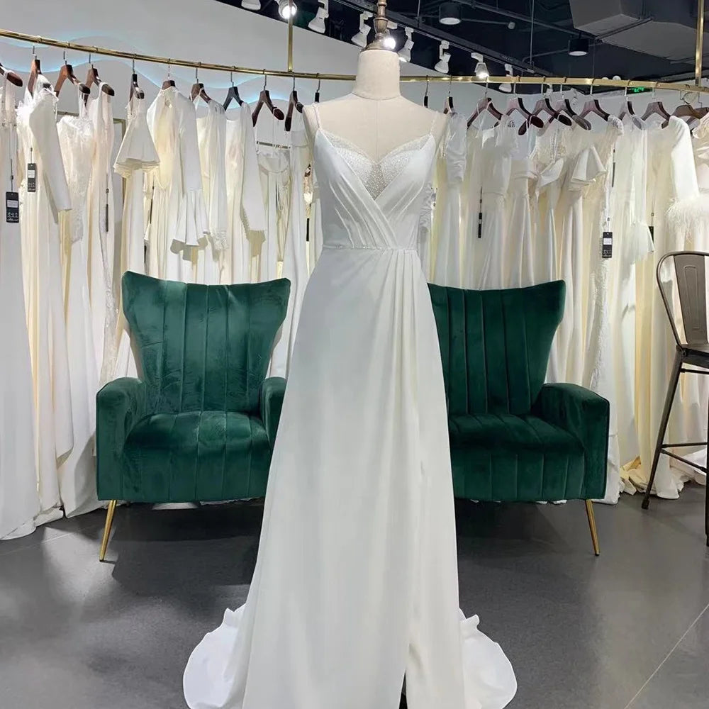 Jancember LSSG064 Casual Spaghetti Strap Satin Women's Ruffle Wedding Dresses