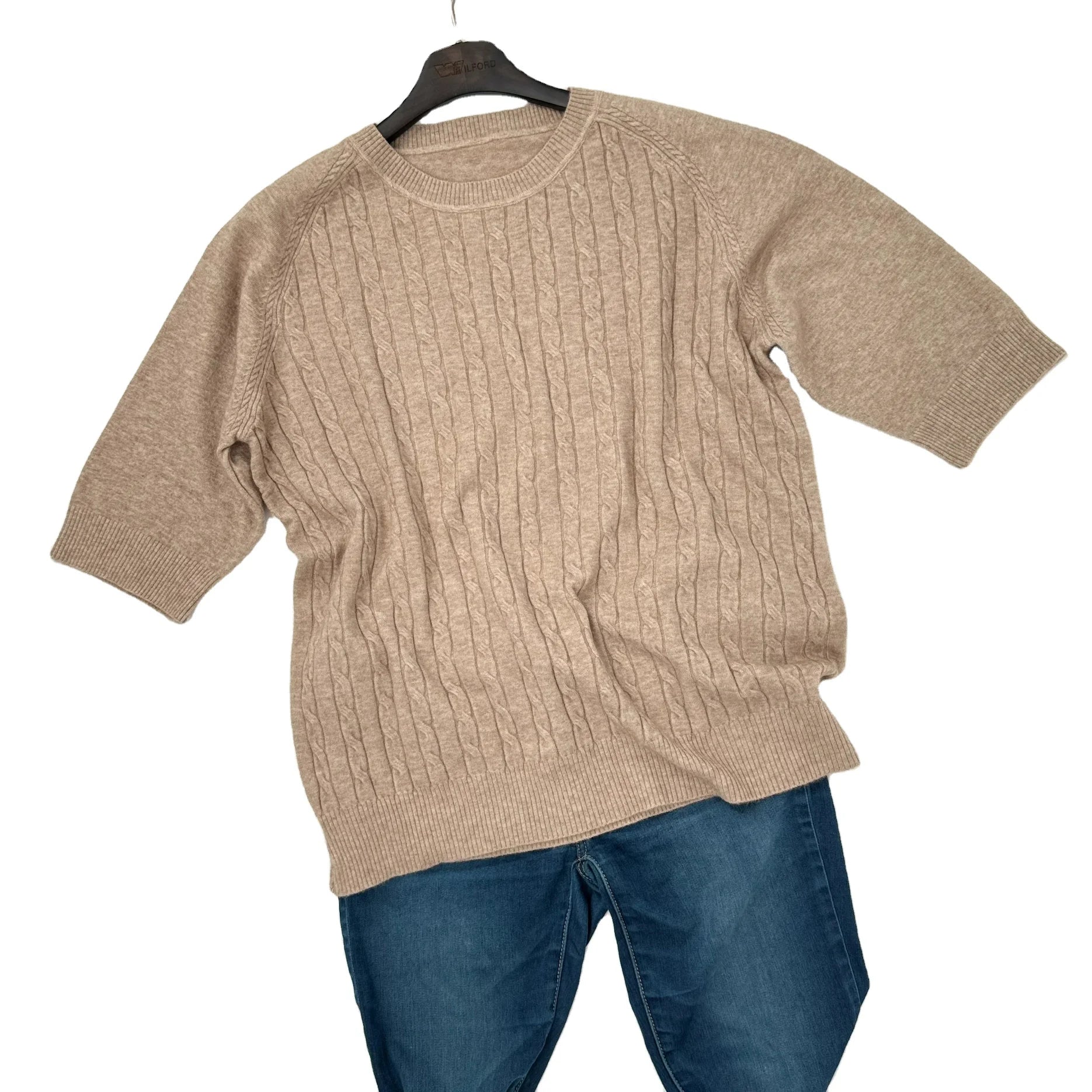 Hot Selling High Quality Ladies' Casual Fashion Sweater Short Sleeves Crew Neck Knitwear in Hazelnut for Autumn