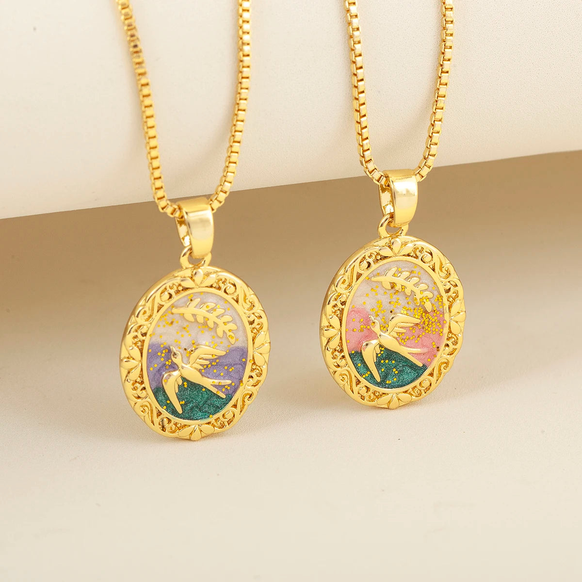 Vintage Victorian Enamel Swallow Pendant Necklace Artistic Retro Bird & Branch Necklace Gold Plated Statement Jewelry