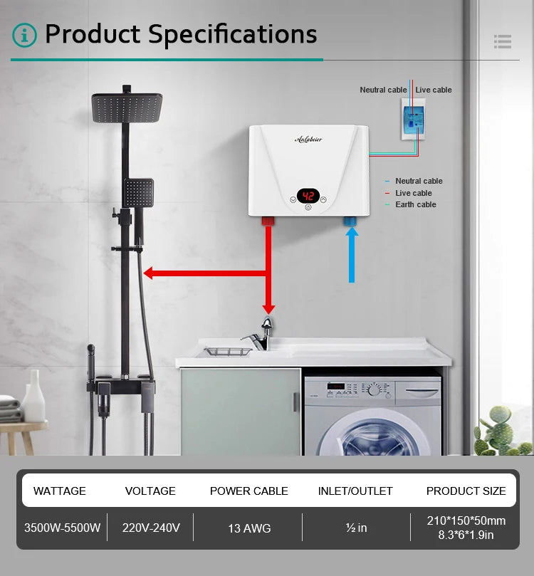 220V 5500W Instant Tankless Electric Kitchen Bathroom Under Sink Instantaneous Power Heating Water Heater