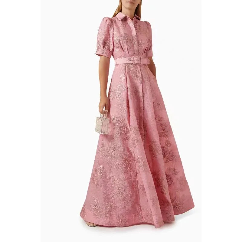 Elegant Pink Womens Jacquard Maxi Shirt Dress Puff Sleeve Button Front Belted High Waist Formal Party Evening Gown MegaBDM