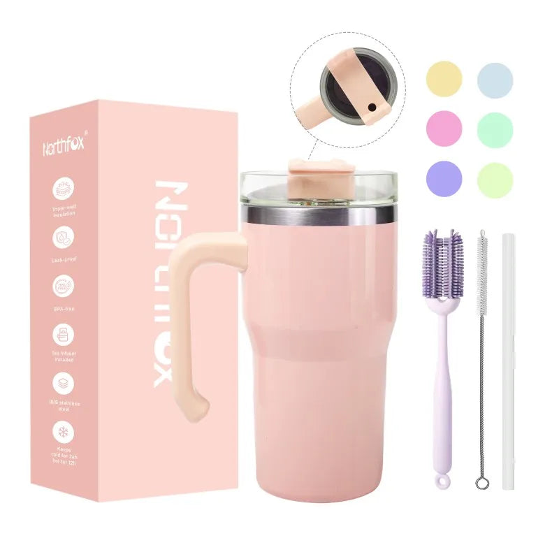 New Double Wall 14oz Stainless Steel Kids Tumbler With Silicone Straw and Handle for School