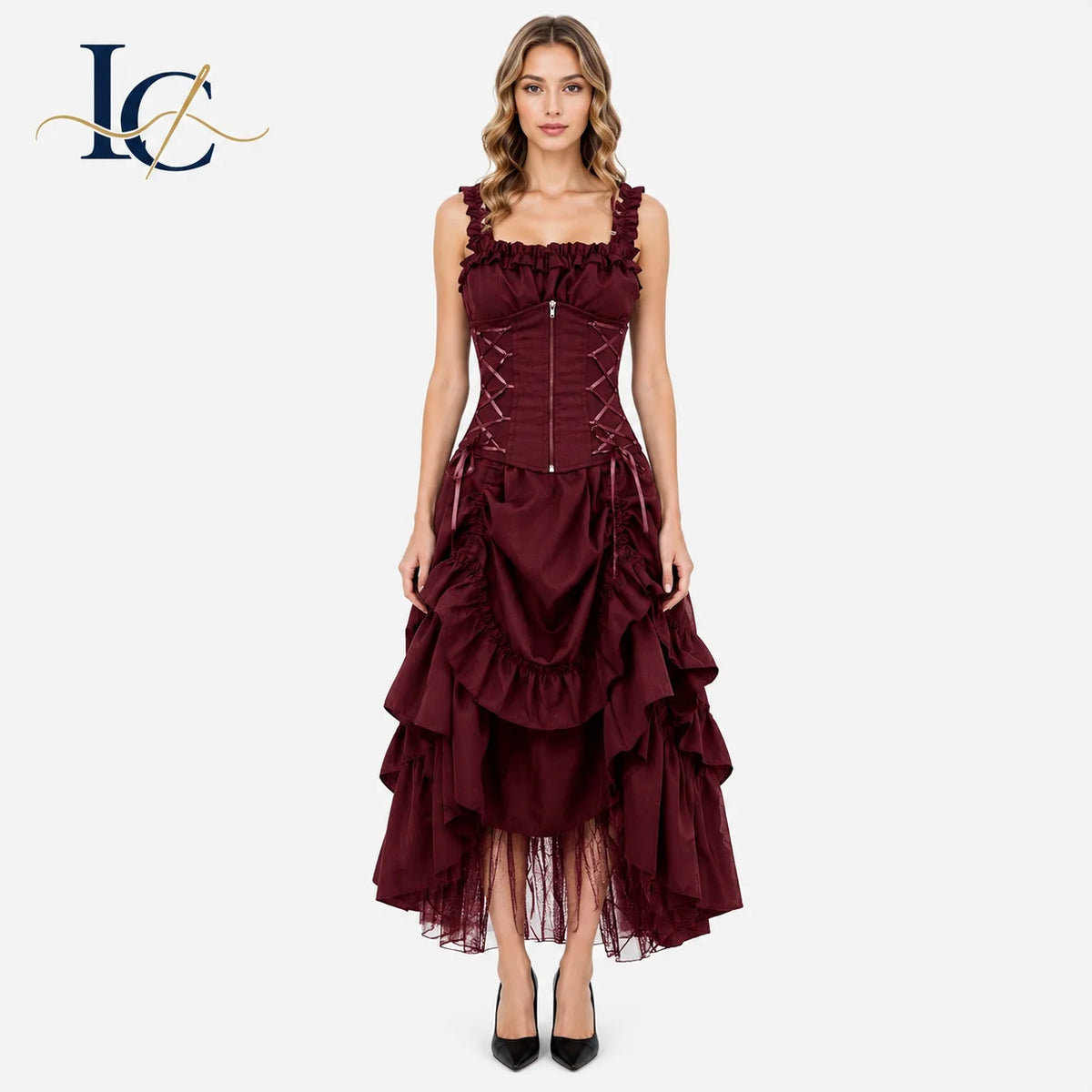 Vintage Dark Green Women's Corset Dress Square Neck Ruffle Tiered High Low Skirt Gothic Victorian Party Costume Modern Fit MegaBDM