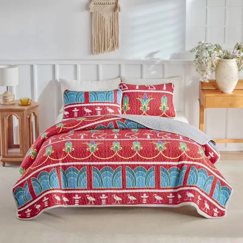 Red Bohemian Style Home Textiles Polyester Bedding Printed Comforter Quilts Bed Sheets Quilted Bedspread Set Wholesale MegaBDM