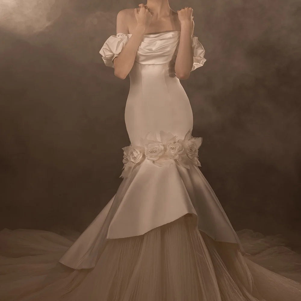 Jancember LSMX053 Glossy Satin Flower Off Shoulder Bridal Women's Mermaid Wedding Dresses for Girls