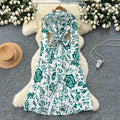 Summer Turn-down Collar Tunic Bandage Casual Maxi Dress for Women Empire Printed Lace Dress