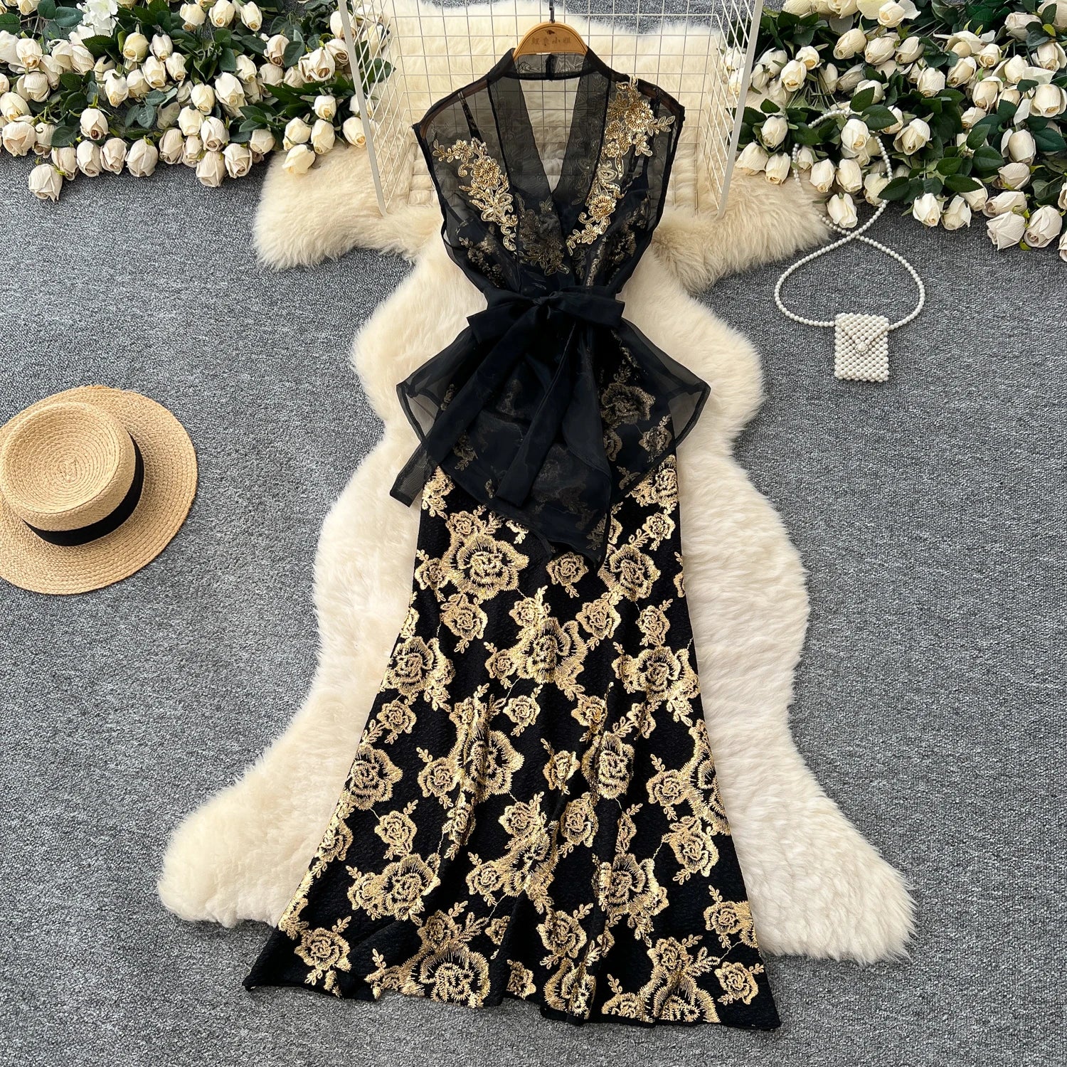 Summer Women's American Style Sets Top And Mesh Maxi Dress Set American Clothing Wholesale