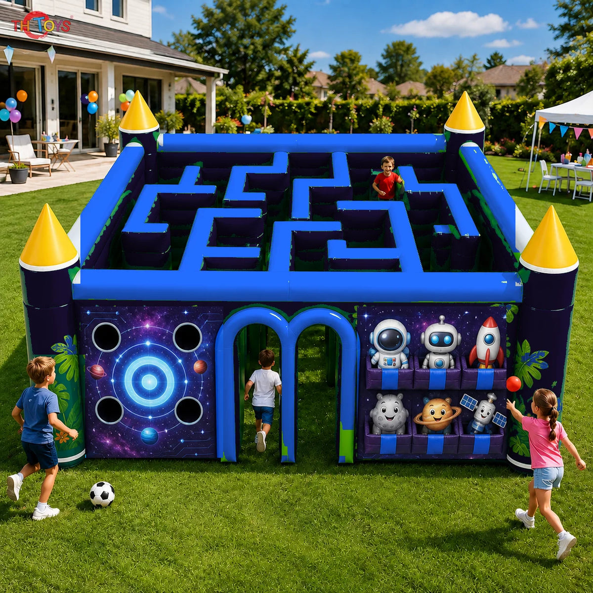 9x9m Blue Commercial Inflatable Maze 4 Interactive Games Custom Activity Course for Rental Parks Carnivals and Festivals MegaBDM