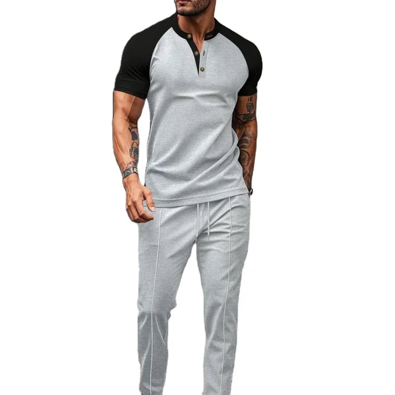 OEM Customized Logo Design Men's Solid Waffle Knit Half Placket Zipper Two Piece Set