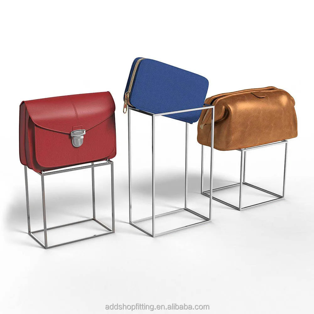 Custom Silver Cube Luxury Purse Bag Display Stand Modern Stainless Steel Portable for Promotion Polished Surface