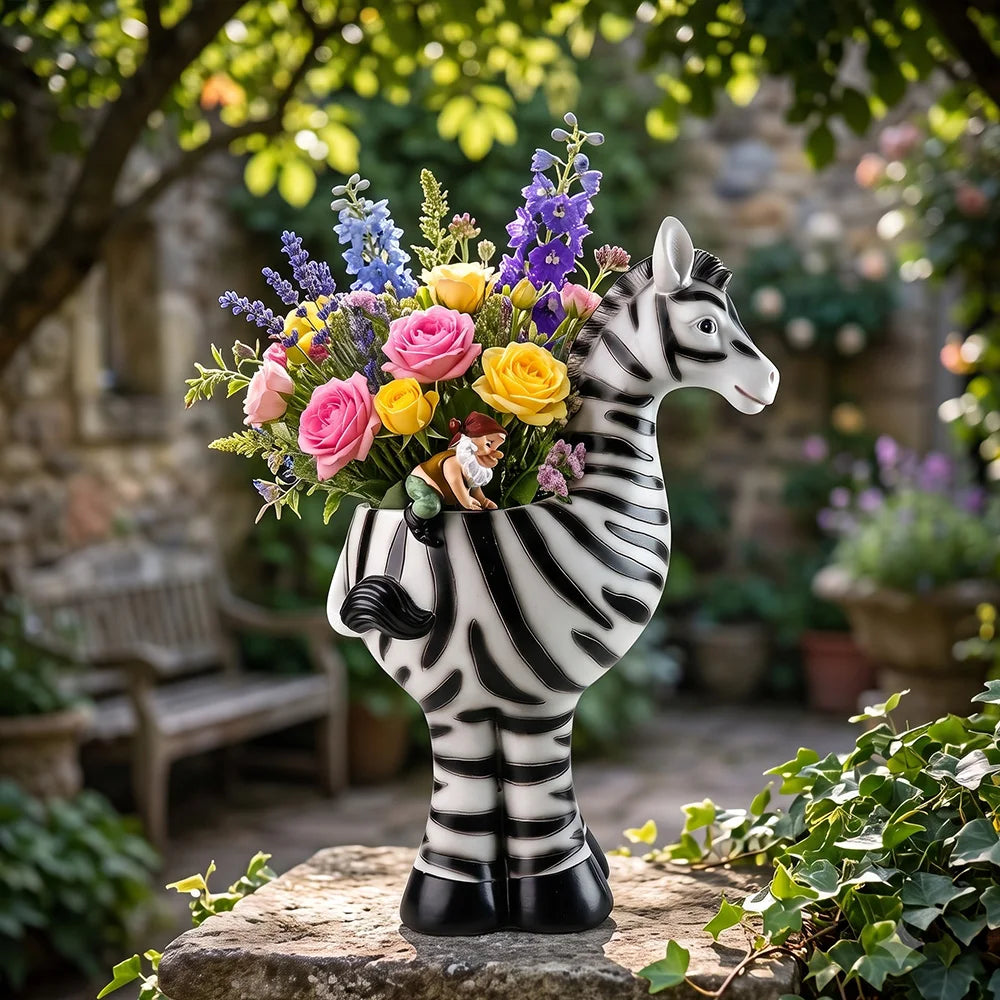 Resin Zebra Planter with Gnome Statue Outdoor Garden Animal Flower Pot Cartoon Zebra Sculpture for Patio Yard Lawn Decor MegaBDM