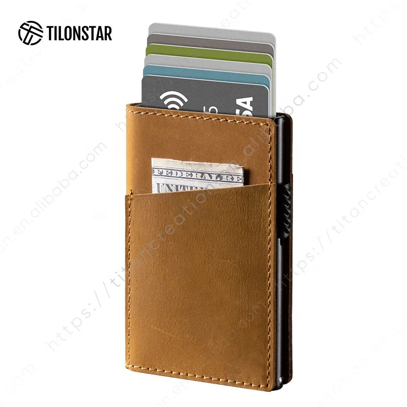 TILONSTAR TVC324 Designer Genuine Leather Aluminum Cardholder Rfid Pop up Wallet Men Card Holder