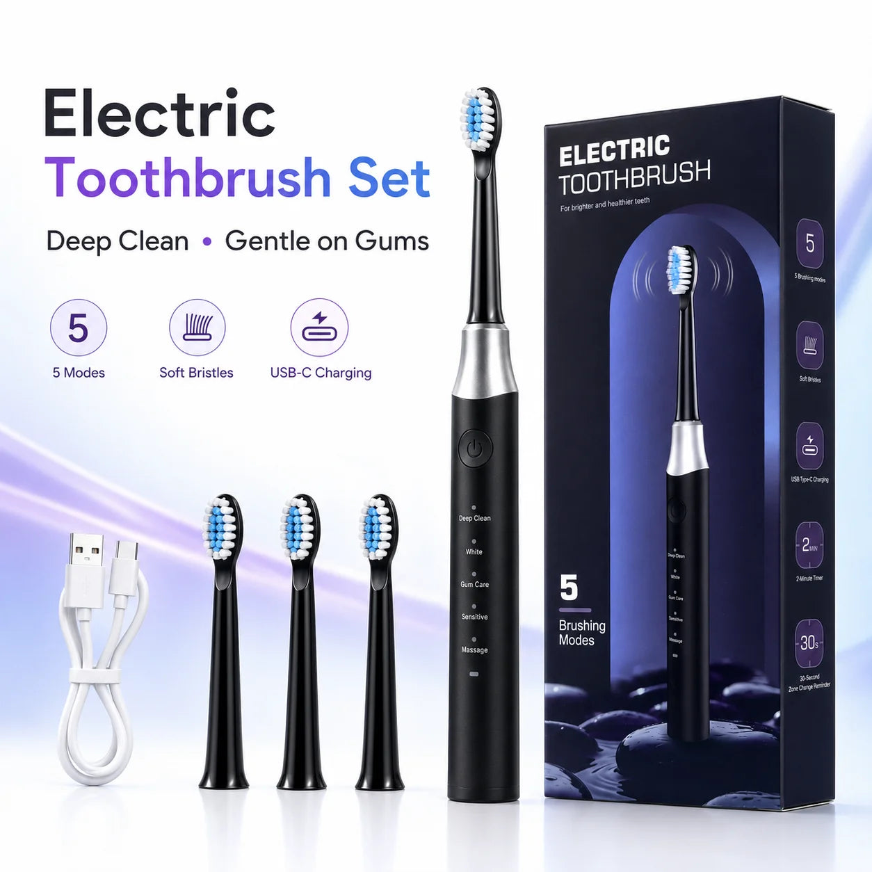 Dr.Yadent YD07 Electric Sonic Toothbrush Sensitive Gum Care Rechargeable Toothbrush 5 Modes Soft Brush Bristle 60 Days Life Long