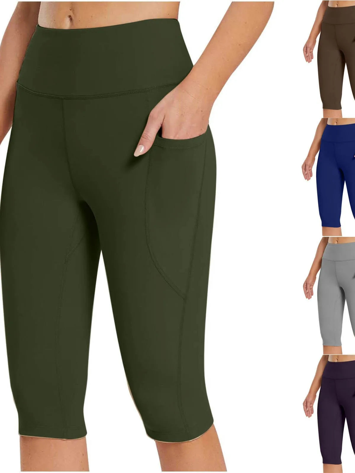 OEM Womens High Waist Yoga Capri Pants Solid Color Pocket Stretch Fitness Leggings Casual Summer Workout Running Women Trousers MegaBDM