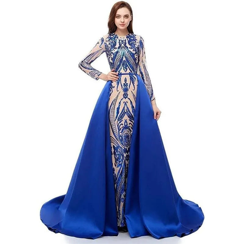 Luxury Royal Blue Womens Evening Dress Long Sleeve Sequin Embroidery Bodycon Gown with Detachable Satin Overskirt MegaBDM
