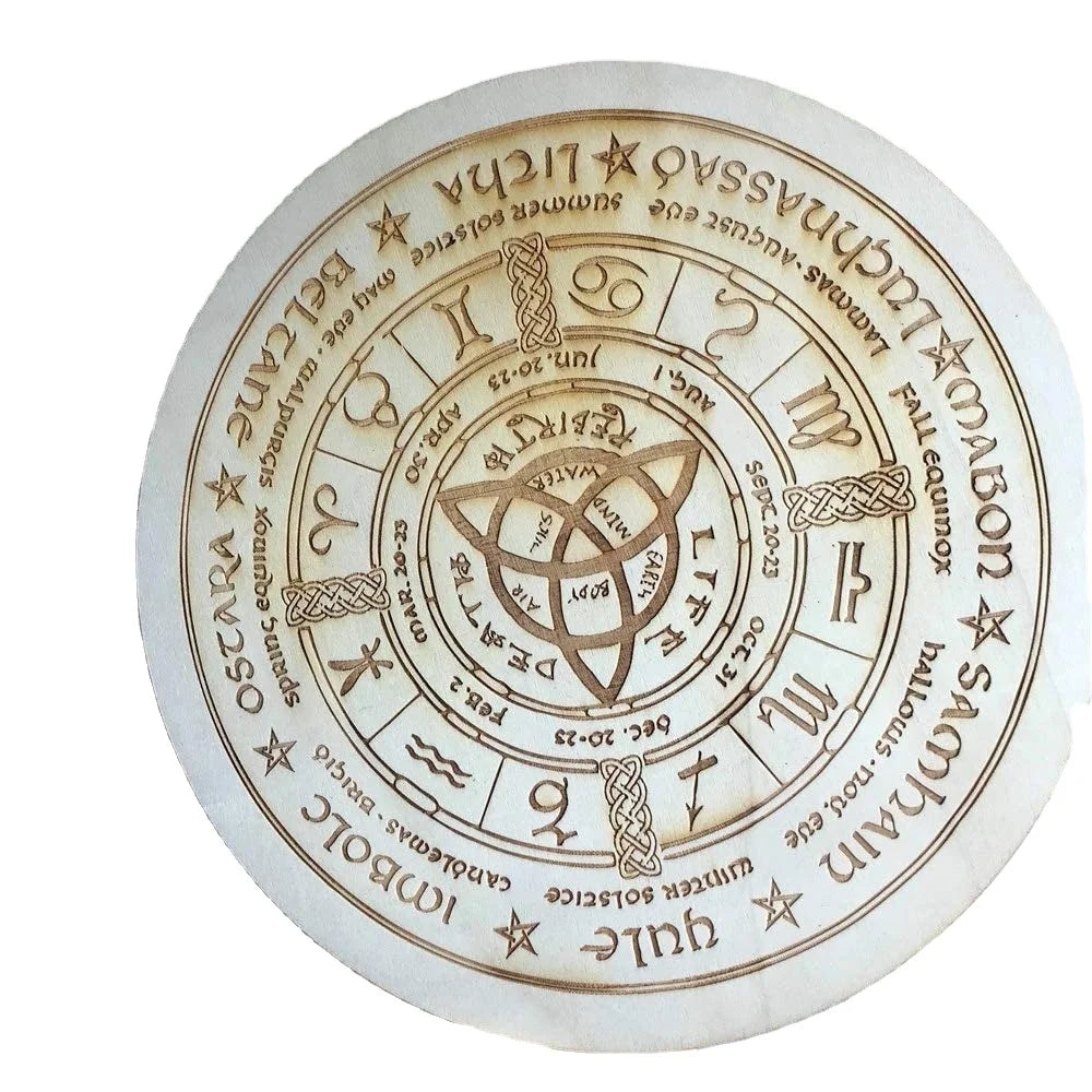 12inch Wiccan Calendar Wood Engraved Board Wooden Witch Altar Crystal Grid for Wicca Wall Art Pagan Witchcraft Gift