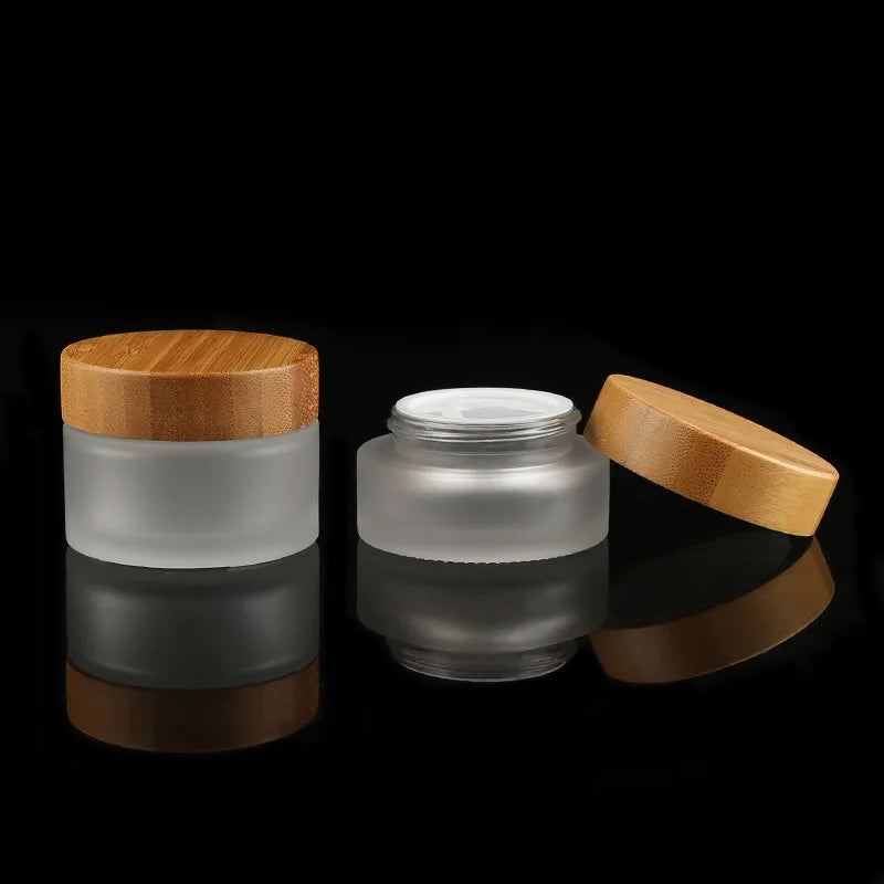 Nature Bamboo Cap Cosmetic Jar 50ml Frosted Glass Container Bamboo Lid Jar for Skincare Cream Packaging