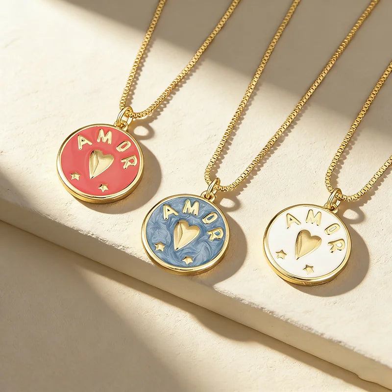 QIKU Custom AMOR Heart Pendant Necklace for Women and Men Personalized Name Jewelry Gift for Birthday Anniversary