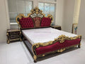Luxury Royal European Style Solid Wood King Size Bed with Gold Carving and Red Velvet Upholstery Eco-friendly for Hotel & Villa