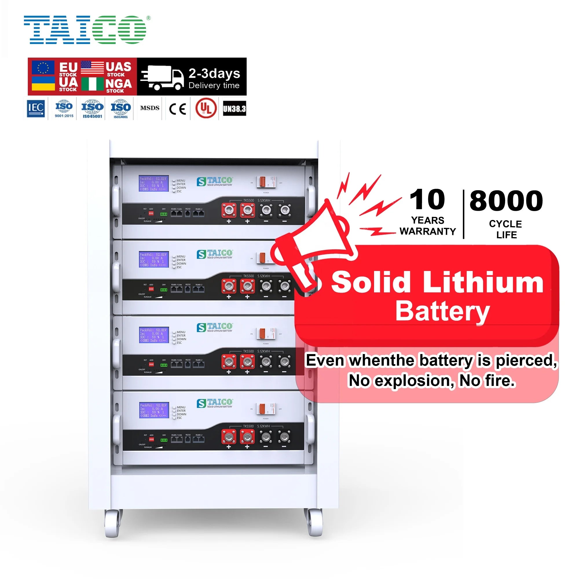 Solar Battery System Bess 48v 100ah 200ah 300ah Solid-state Lithium Battery 51.2v 15kwh Rack-mounted Home Energy Storage Battery