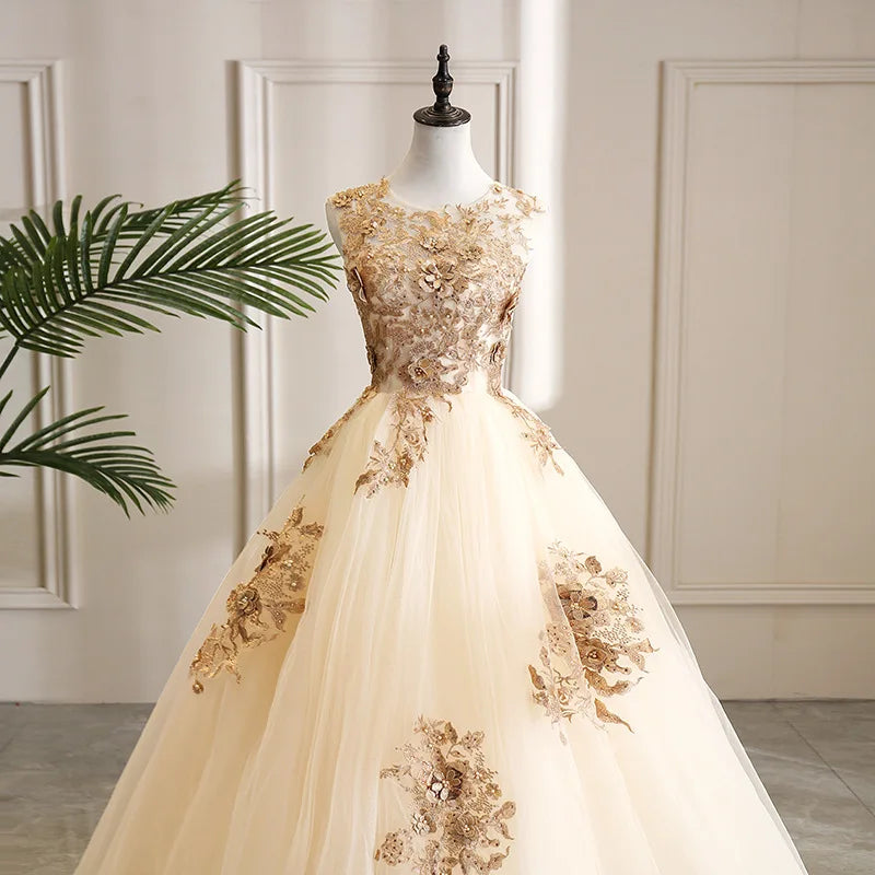Luxury Champagne Quinceanera Ball Gown Sleeveless 3D Floral Lace Applique Beaded Tulle Princess Prom Evening Dress MegaBDM